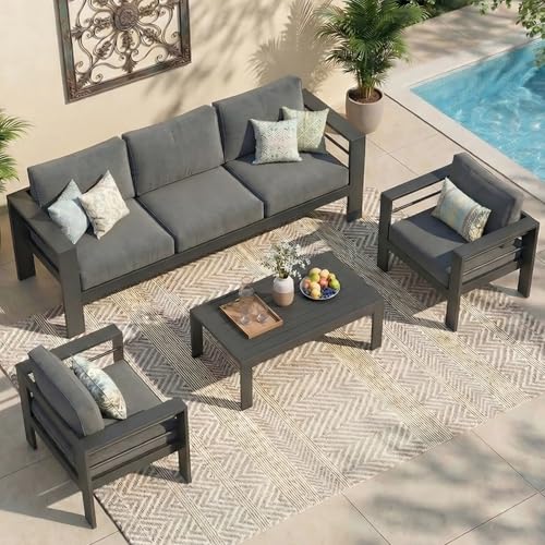 Aluminum Outdoor Patio Furniture Set, Oversized Patio Conversation Sets with Deep Seating and Wide Armrest, Outdoor Sectional Metal Sofa with 5 Inch Cushion and Coffee Table, Dark Grey