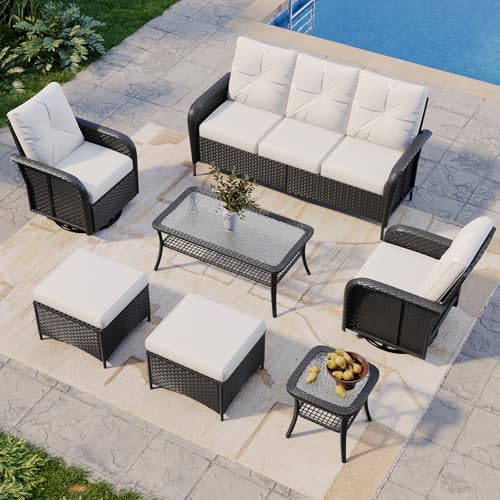 7-Piece Patio Furniture Set with Thick Cushions, Wicker Rattan Outdoor Sectional Sofa with High Back Swivel Rocker Chairs, Outdoor Patio Furniture Set with Coffee Table & Ottoman, Beige