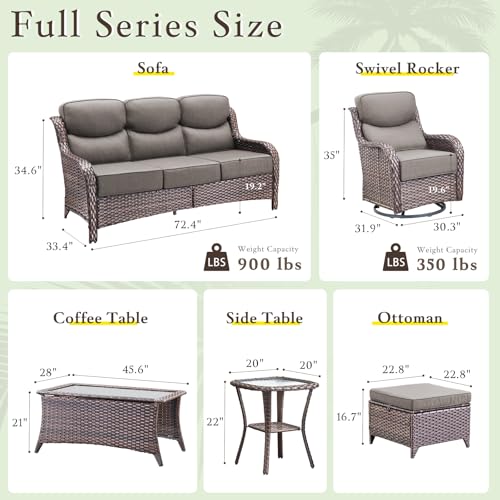 Luxury High Back Outdoor Furniture with 6-inch Extra Thick Cushions, Patio Furniture Set with Swivel Chairs, 7 PCS Wicker Conversation Set for Yard, Deck, Poolside, Brown/Grey
