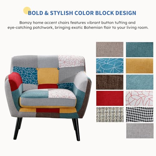 Modern Oversized Accent Chair for Living Room, Colorful Boho Linen Fabric Upholstered Armchair with Wood Legs, Single Chair