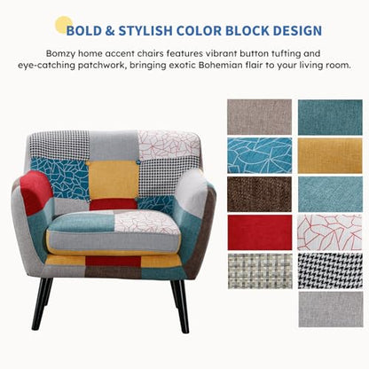 Modern Oversized Accent Chair for Living Room, Colorful Boho Linen Fabric Upholstered Armchair with Wood Legs, Single Chair