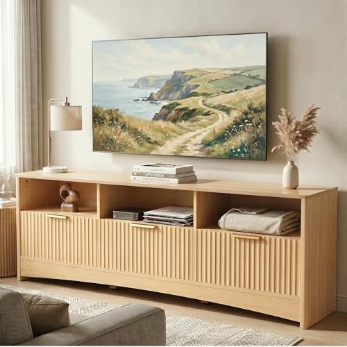 Fluted TV Stand for 65 inch TV, Modern Entertainment Center with Drawers, Boho TV Stands Wood Media Console Cabinet with Storage and Shelves, TV Consoles for Living Room, Bedroom, Oak