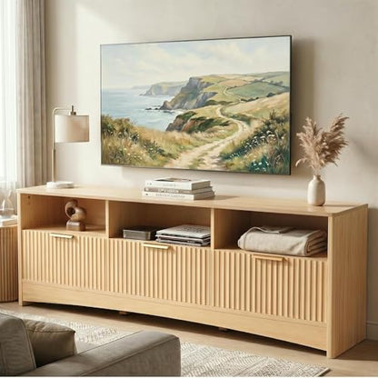 Fluted TV Stand for 65 inch TV, Modern Entertainment Center with Drawers, Boho TV Stands Wood Media Console Cabinet with Storage and Shelves, TV Consoles for Living Room, Bedroom, Oak