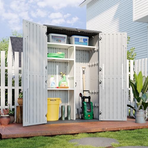 Outdoor Resin Storage Shed with Metal Shelving Kit & Floor, 64 Cu.Ft Vertical Waterproof Storage Cabinet for Garage, Pool, Bike, Garden Tools, Patio Furniture (White)