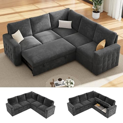 86" Sectional Sleeper Sofa Bed, 5 Seat Pull Out Couch with Storage, Gray | L Shaped Sectional Couches for Living Room, Apartment and Guest Room, Chenille Upholstered Sectional Couch