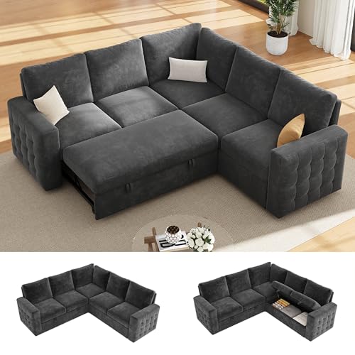 86" Sectional Sleeper Sofa Bed, 5 Seat Pull Out Couch with Storage, Gray | L Shaped Sectional Couches for Living Room, Apartment and Guest Room, Chenille Upholstered Sectional Couch