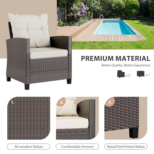 3 Piece Patio Furniture Set Small Outdoor Wicker Rattan Front Porch Bistro Set Cushioned Patio Chairs Conversation Set with Glass Table for Lawn, Garden, Backyard, Balcony, Poolside (Beige)