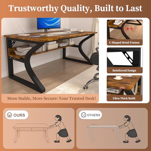 Computer Desk, 47 X 20 inch Computer Desk, Office Desk w/Storage, Large Legroom, Sturdy Metal Frame, Home Office Desks for Gaming Study Writing Work, Waterproof, Scratch-Resistant, Rustic Brown