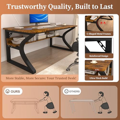 Computer Desk, 47 X 20 inch Computer Desk, Office Desk w/Storage, Large Legroom, Sturdy Metal Frame, Home Office Desks for Gaming Study Writing Work, Waterproof, Scratch-Resistant, Rustic Brown