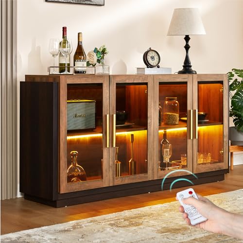 64" Sideboard Buffet Cabinet with Glass Doors & LED Lights, Brown, view 2