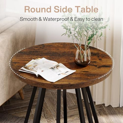 Tribesigns Round End Table with Storage, 2-Tier Side Table with Metal Frame and Lower Shelf, Small Accent Table Nightstand for Living Room, Bedroom, Small Spaces, Vintage Brown & Black