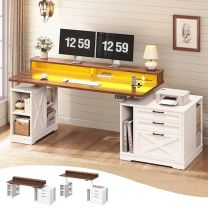 Farmhouse Electric Standing Desk with 3 Drawers and File Cabinet, view 2