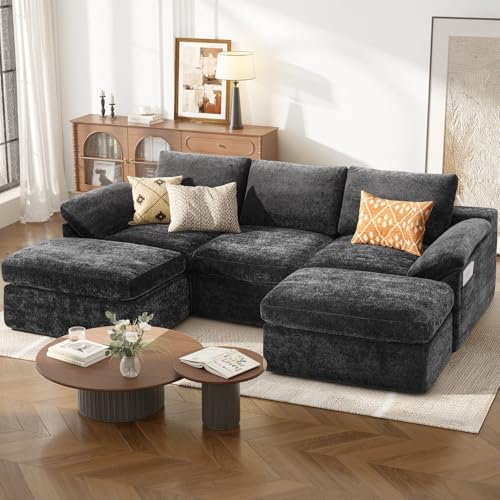 108" Cloud Couch Modular Sectional Sofa for Living Room, U-Shape Boneless Couch with Deep Seat, Modern 5-Seater with Ottoman, for Living Room, Bedroom, Office, No Assembly Required, Gray