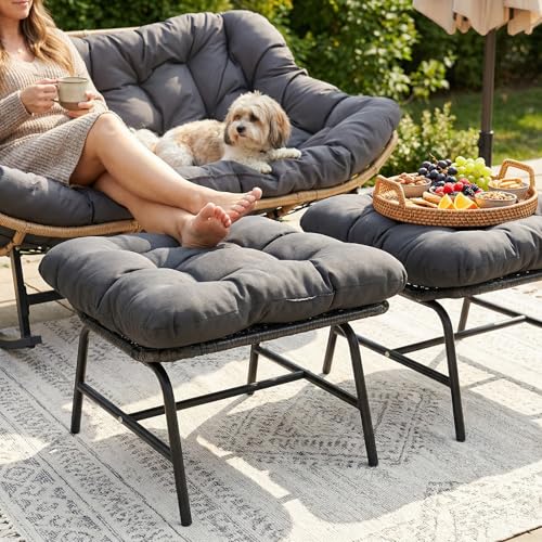 Indoor Outdoor Ottoman Set of 2, Large Wide Double Patio Footstool, PE Rattan Thicken Cushioned Footrest, All-Weather Wicker Furniture for Balcony, Porch, Living Room, Egg Chair, Grey