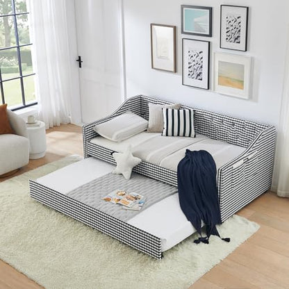 JIVOIT Twin‑Size Upholstered Daybed with Pull‑Out Trundle, Upholstered Convertible Daybed with Side Storage, Tufted Button Backrest & Padded Armrests, Perfect for Compact Living (Black-Twin,32)