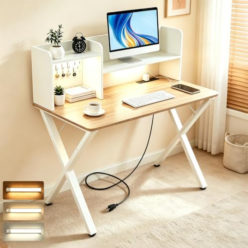 44"×24" White Computer Desk with Charging Ports & Hutch Pegboard, view 2