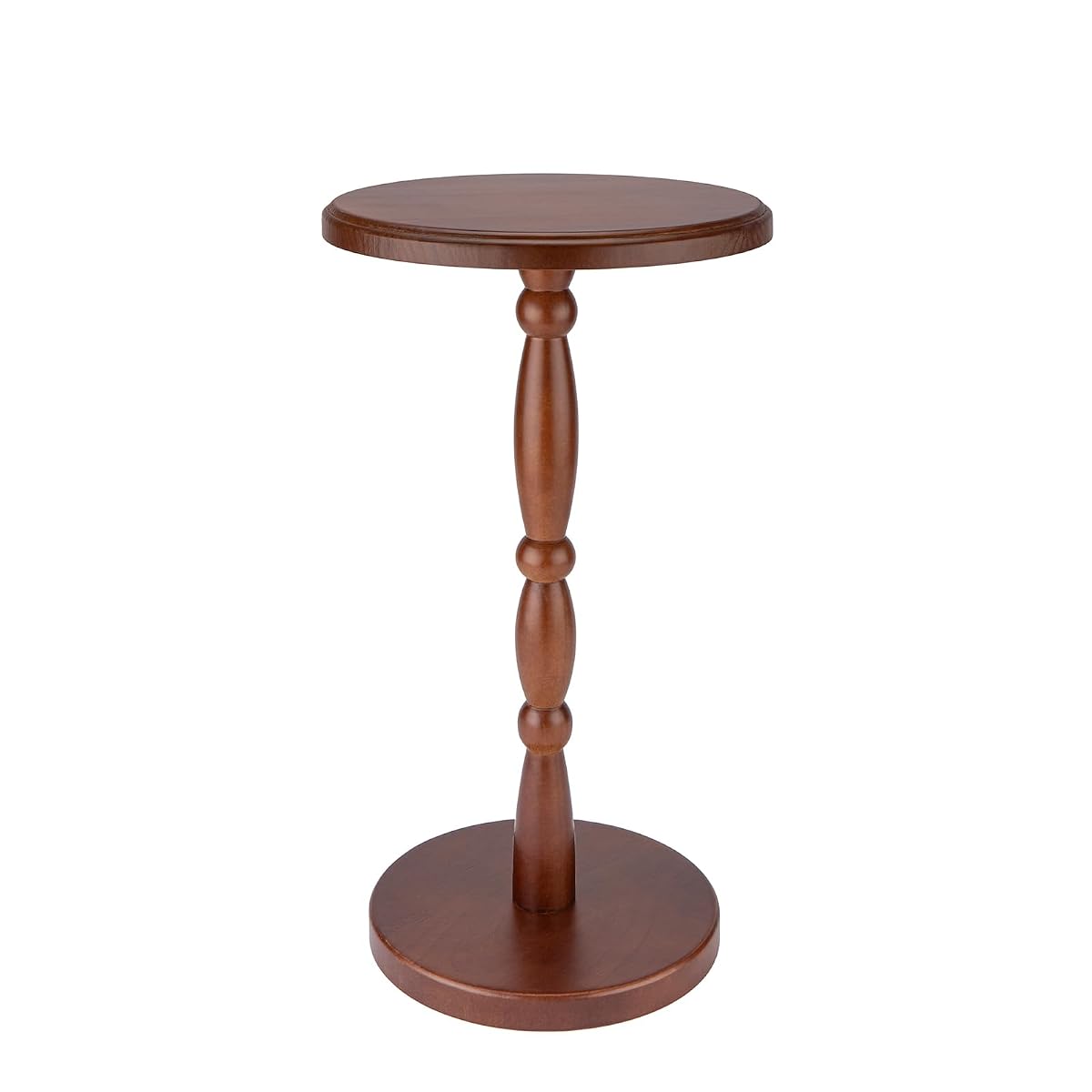 12" Real Wood Round Drink Table, Small Pedestal Side Table with Decorative Beaded Design, Accent End Table for Living Room and Bedroom, Brown