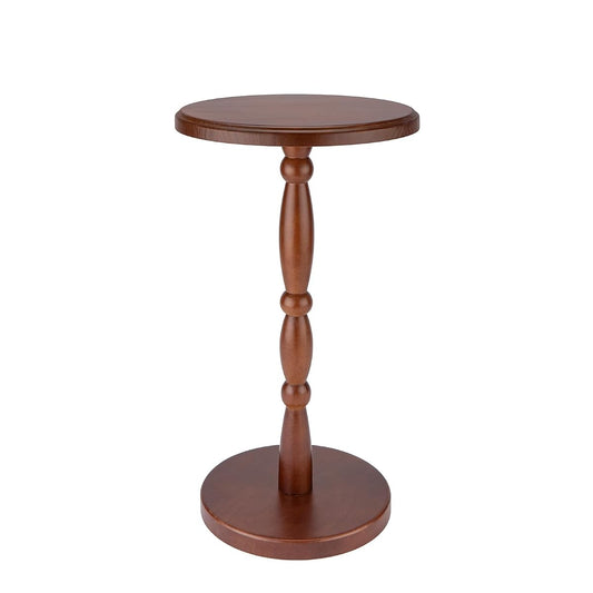 12" Real Wood Round Drink Table, Small Pedestal Side Table with Decorative Beaded Design, Accent End Table for Living Room and Bedroom, Brown