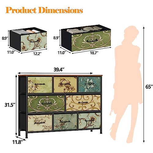 8 Drawer Dresser, Wide Fabric Chest of Drawers, Vintage Furniture for Bedroom, Living Room, Hallway, Closet Clothes Storage, Wooden Top