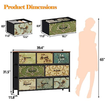 8 Drawer Dresser, Wide Fabric Chest of Drawers, Vintage Furniture for Bedroom, Living Room, Hallway, Closet Clothes Storage, Wooden Top
