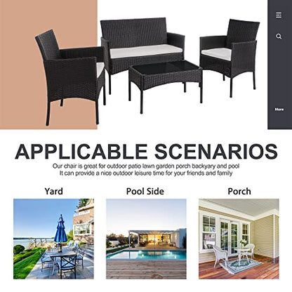4 Piece Outdoor Patio Furniture Sets, Small Wicker Patio Conversation Furniture Rattan Chair Set with Tempered Glass Coffee Table for Backyard Porch Garden Poolside Balcony,Black