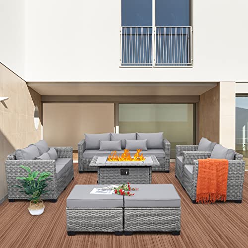 7-Piece Outdoor Furniture Sets Patio Furniture Set with 45-inch Fire Pit Patio Couch Outdoor Chairs 60000 BTU Propane Fire Pit Table with Non-Slip Cushions Waterproof Covers, Light Grey