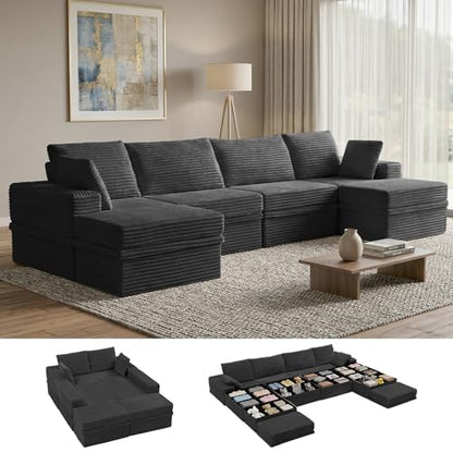 142" Modular Sectional Sofa with Storage, 6-Seater High Density Foam Boneless Couch with Ottoman, 27" Deep Corduroy Oversized Cloud Couch for Living Room, Tool-Free Assembly, Dark Gray