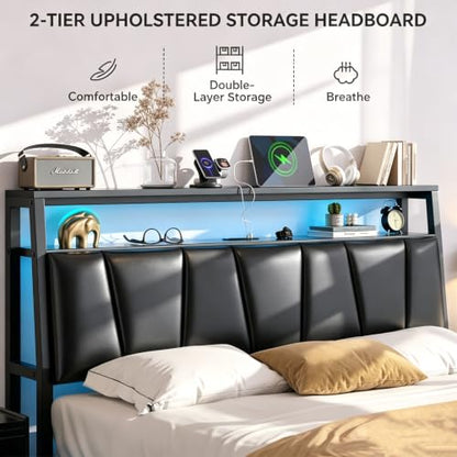 Queen Bed Frame with 2-Tier Storage Headboard and 2 Drawers,Black, view 4