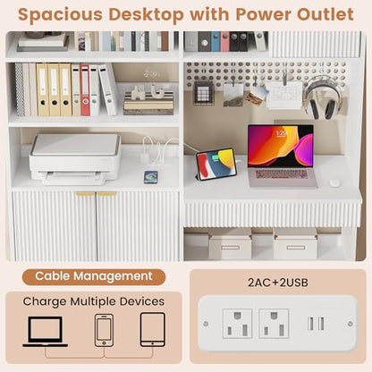 63" Tall Computer Desk with Hutch, Fluted Wood Computer Desk, Featuring Charging Station, Drawer and Storage Cabinet, for Home Office Work and Study (White)