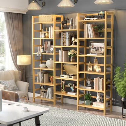 Bamboo Bookshelf, 71” Tall Triple Wide Bookcase with 17 Open Storage Shelves, 6-Tier Etagere with Back Rails, Large Display Shelf for Books, Plants, Home Office, Living Room, Max Load 748LBS