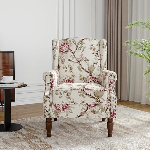 Floral Wingback Accent Chair, High Back Upholstered Armchair, Comfy Fabric Wingback Arms Chairs with Solid Wood Legs, Single Sofa Reading Chair for Bedroom Living Room, Beige