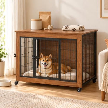 38.6" Dog Crate Furniture with Wheels and Double Doors, view 2