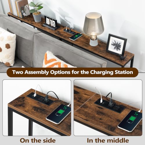 70.9" Console Table with Power Outlet, Narrow Sofa Table, Brown, view 6