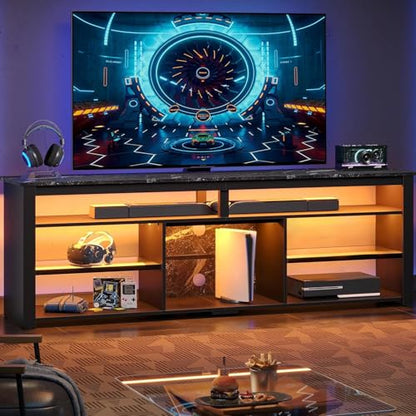 Tall TV Cabinet with LED & Storage, 80", Black Marble Gaming Stand, view 4