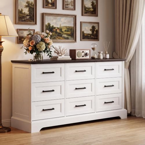57" Farmhouse Dresser for Bedroom, 9 Drawers Dresser, White & Brown, view 3