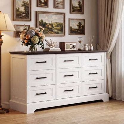 57" Farmhouse Dresser for Bedroom, 9 Drawers Dresser, White & Brown, view 3