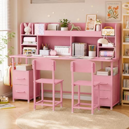 69" Double Kids Desk and Chair Set with Hutch & 4 Storage Drawers, view 2