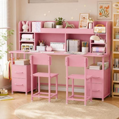 69" Double Kids Desk and Chair Set with Hutch & 4 Storage Drawers, view 2