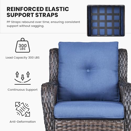 Outdoor Furniture Set Patio Wicker Chairs, 3 Peices Porch Rattan Furniture with Side Table, Deep Seating Patio Bistro Chair Sets (Blue Cushion)