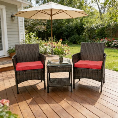3 Piece Patio Furniture Set Outdoor PE Rattan Wicker Chair with Soft Cushion and Glass Coffee Table for Garden Backyard Porch Poolside (Brown/Red)