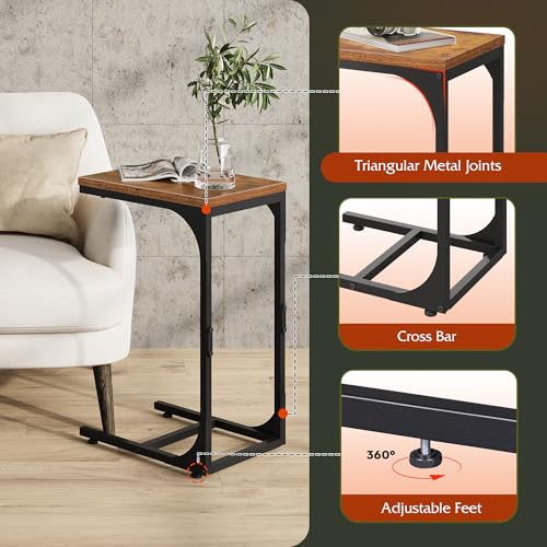 C Shaped End Table, Small Couch Side Tables with Metal Frame that Slide Under, Sofa Table TV Tray for Living Room, Bedroom, Rustic Brown