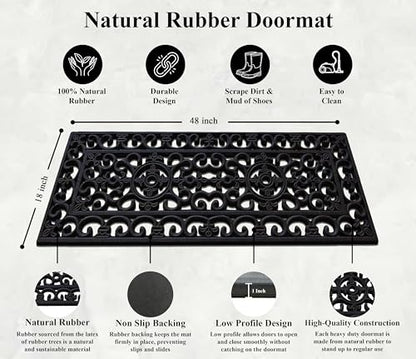 8-LB Heavy Duty Rubber Doormat 18"×48" - Won't Blow Away | Outside Front Door Mat, Mud Dirt Scraper, Non-Slip Drainage Mat for Entryway Patio Garage, All-Weather, 100% Rubber