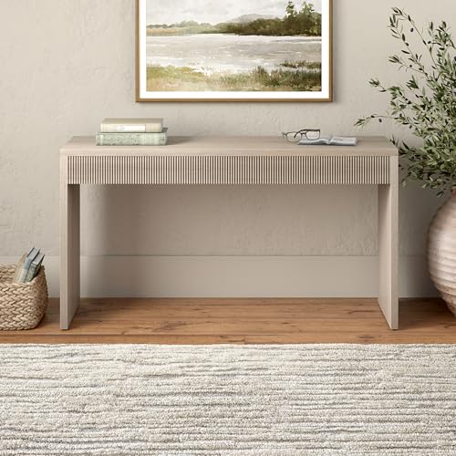55" Rectangular Fluted Console Table, Ribbed Entryway Table, Sofa Table for Entryway, Living Room, Couch, Hallway, or Office, Beech White