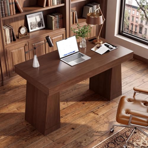 55" Executive Desk w/Power Outlets, Hidden Cabinet Home Office, Brown, view 2