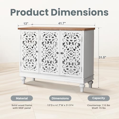 White Accent Cabinet with Doors, Farmhouse Credenza Cabinets for Living Room, Sideboard Buffet Cabinet with Storage
