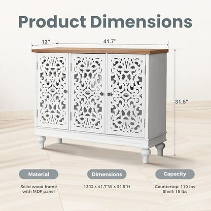 White Accent Cabinet with Doors, Farmhouse Credenza Cabinets for Living Room, Sideboard Buffet Cabinet with Storage