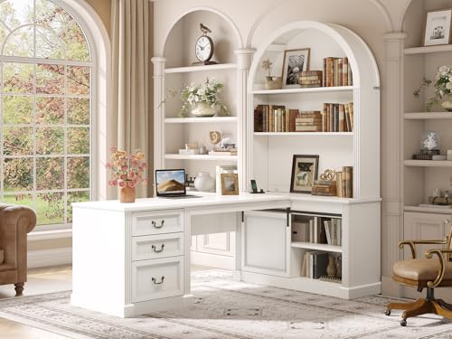 67" L Shaped Desk with Tall Arched Bookshelf & 3 Drawers Storage, view 2