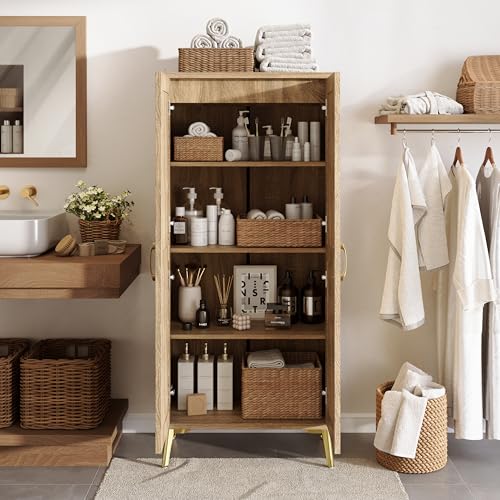 Tall Bathroom Storage Cabinet 57" Rattan Pantry Cabinet, Wood | With Doors and Adjustable Shelves, Freestanding Linen Closet & Wardrobe for Bathroom Laundry Bedroom, Anti-Tipping Device