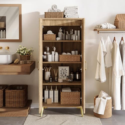 Tall Bathroom Storage Cabinet 57" Rattan Pantry Cabinet, Wood | With Doors and Adjustable Shelves, Freestanding Linen Closet & Wardrobe for Bathroom Laundry Bedroom, Anti-Tipping Device