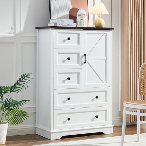 Dresser for Bedroom, Farmhouse Dresser with 5 Wooden Drawers and Storage Cabinet, 48 Inches Tall Chest of Drawers for Bedroom, Living Room, Hallway, White